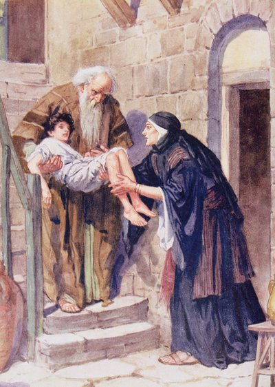 „Nézd”, mondta Illés, „él a fiad”, illusztráció a „Biblián keresztül”, megjelent, 1928 alkotó: Charles Edmund Brock